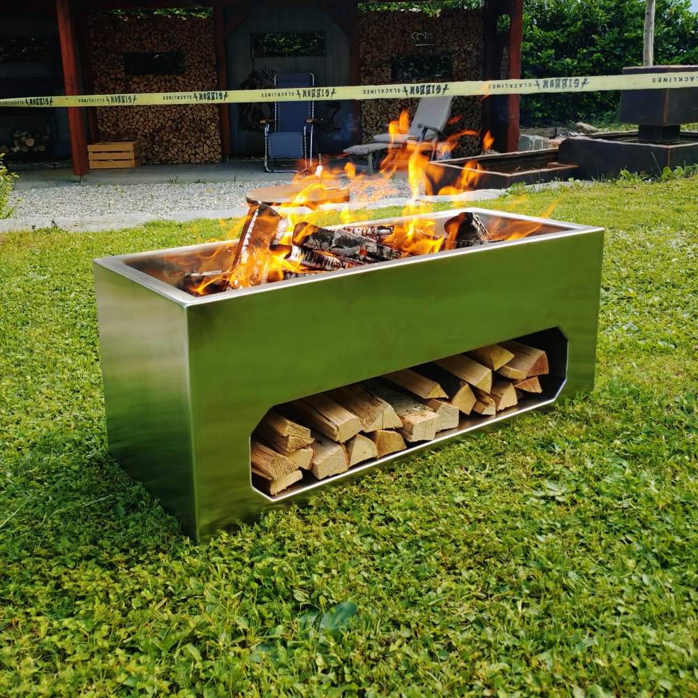 Fire pit with wood storage out of stainless steel